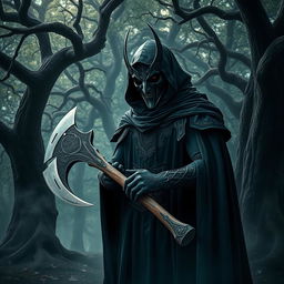 A mysterious man wearing an elaborate mask, holding a large axe in a shadowy, enchanted forest