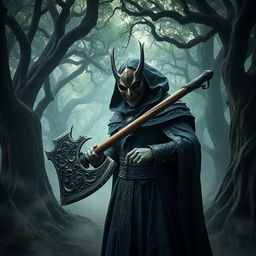 A mysterious man wearing an elaborate mask, holding a large axe in a shadowy, enchanted forest