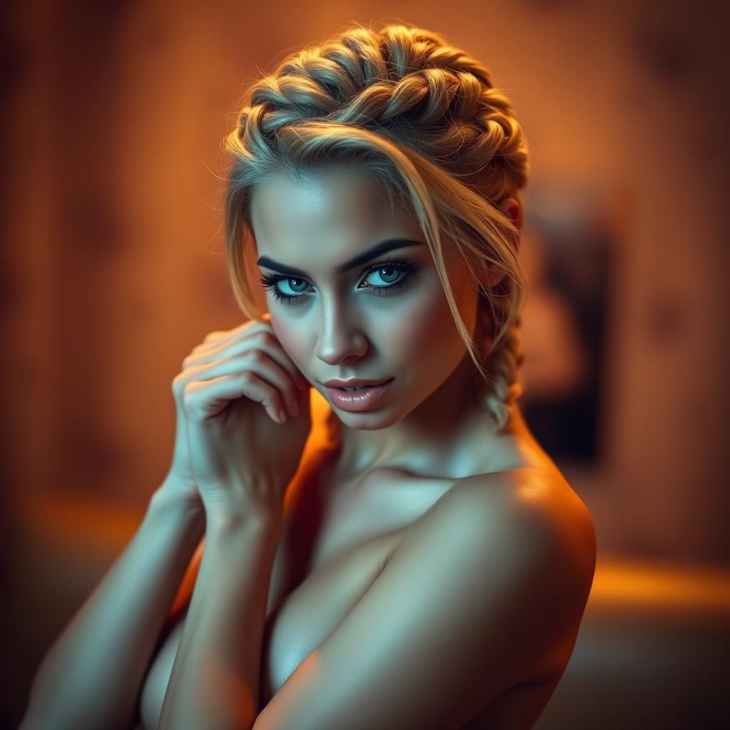 A sexy half-naked blonde woman with braided hair, exuding allure and confidence