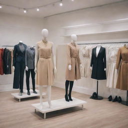 A modern and stylish clothing store containing fashionable clothing items displayed on neat shelves and elegant mannequins.