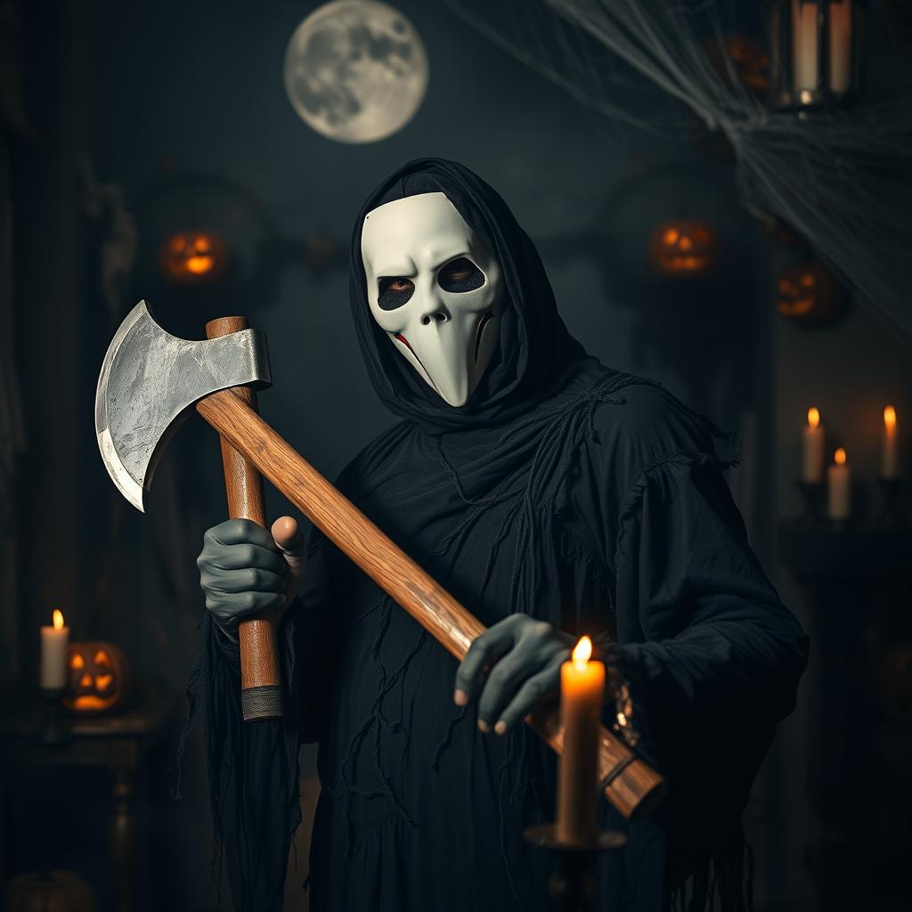 A man in a white mask, celebrating Halloween, holding a large axe in a spooky, atmospheric setting