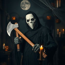 A man in a white mask, celebrating Halloween, holding a large axe in a spooky, atmospheric setting