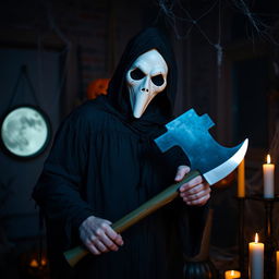 A man in a white mask, celebrating Halloween, holding a large axe in a spooky, atmospheric setting