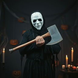 A man in a white mask, celebrating Halloween, holding a large axe in a spooky, atmospheric setting