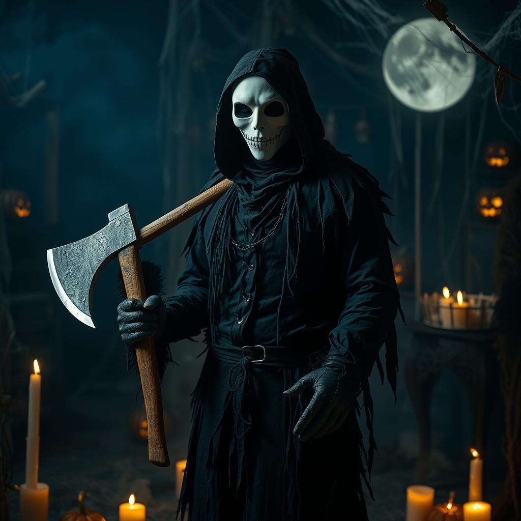 A man in a white mask, celebrating Halloween, holding a large axe in a spooky, atmospheric setting