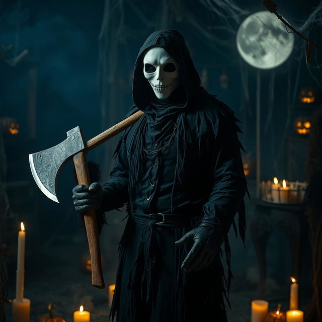 A man in a white mask, celebrating Halloween, holding a large axe in a spooky, atmospheric setting