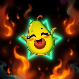 A whimsical avocado character with long, fluttery eyelashes and vibrant red lips, playfully floating above a glowing hexagram engulfed in bright flames