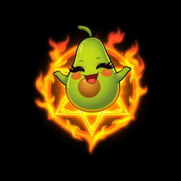 A whimsical avocado character with long, fluttery eyelashes and vibrant red lips, playfully floating above a glowing hexagram engulfed in bright flames