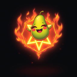 A whimsical avocado character with long, fluttery eyelashes and vibrant red lips, playfully floating above a glowing hexagram engulfed in bright flames