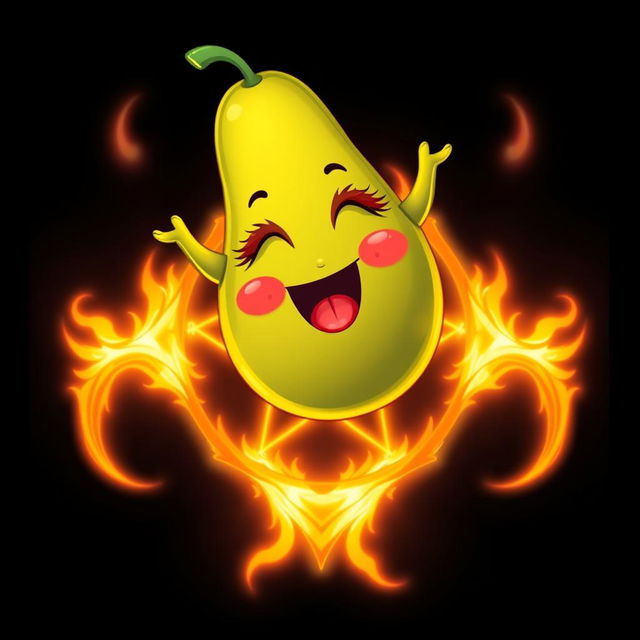 A whimsical avocado character with long, fluttery eyelashes and vibrant red lips, playfully floating above a glowing hexagram engulfed in bright flames