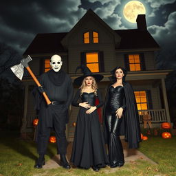 A scene depicting a man in a white mask, celebrating Halloween, holding a large axe in front of an eerie, dimly-lit haunted house