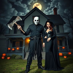 A scene depicting a man in a white mask, celebrating Halloween, holding a large axe in front of an eerie, dimly-lit haunted house