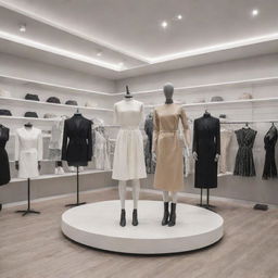 A modern and stylish clothing store containing fashionable clothing items displayed on neat shelves and elegant mannequins.