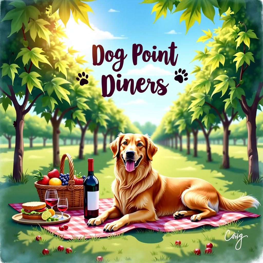 A whimsical watercolor painting of a playful dog enjoying a picnic in a vibrant vineyard