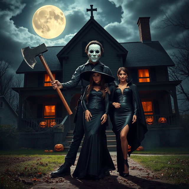 A scene depicting a man in a white mask, celebrating Halloween, holding a large axe in front of an eerie, dimly-lit haunted house