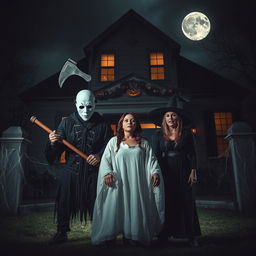 A chilling Halloween scene featuring a man in a white mask, holding a large axe, standing in front of a haunted house