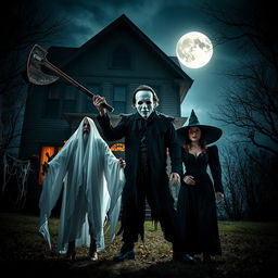 A chilling Halloween scene featuring a man in a white mask, holding a large axe, standing in front of a haunted house