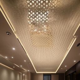 Elegant false ceiling design featuring intricate patterns and ambient light arrangements to create a luxurious aesthetic