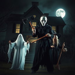 A chilling Halloween scene featuring a man in a white mask, holding a large axe, standing in front of a haunted house