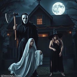 A chilling Halloween scene featuring a man in a white mask, holding a large axe, standing in front of a haunted house