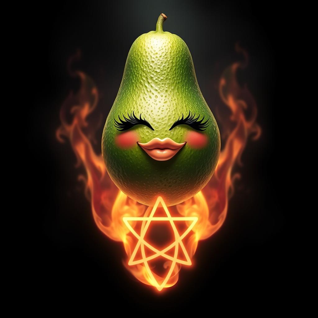 A hyper-realistic avocado featuring long eyelashes and full lips, elegantly floating above a glowing hexagram that is on fire