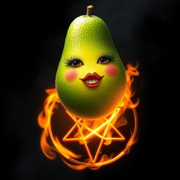 A hyper-realistic avocado featuring long eyelashes and full lips, elegantly floating above a glowing hexagram that is on fire