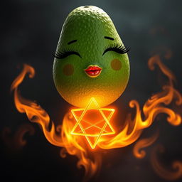 A hyper-realistic avocado featuring long eyelashes and full lips, elegantly floating above a glowing hexagram that is on fire