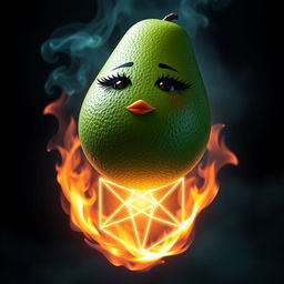 A hyper-realistic avocado featuring long eyelashes and full lips, elegantly floating above a glowing hexagram that is on fire