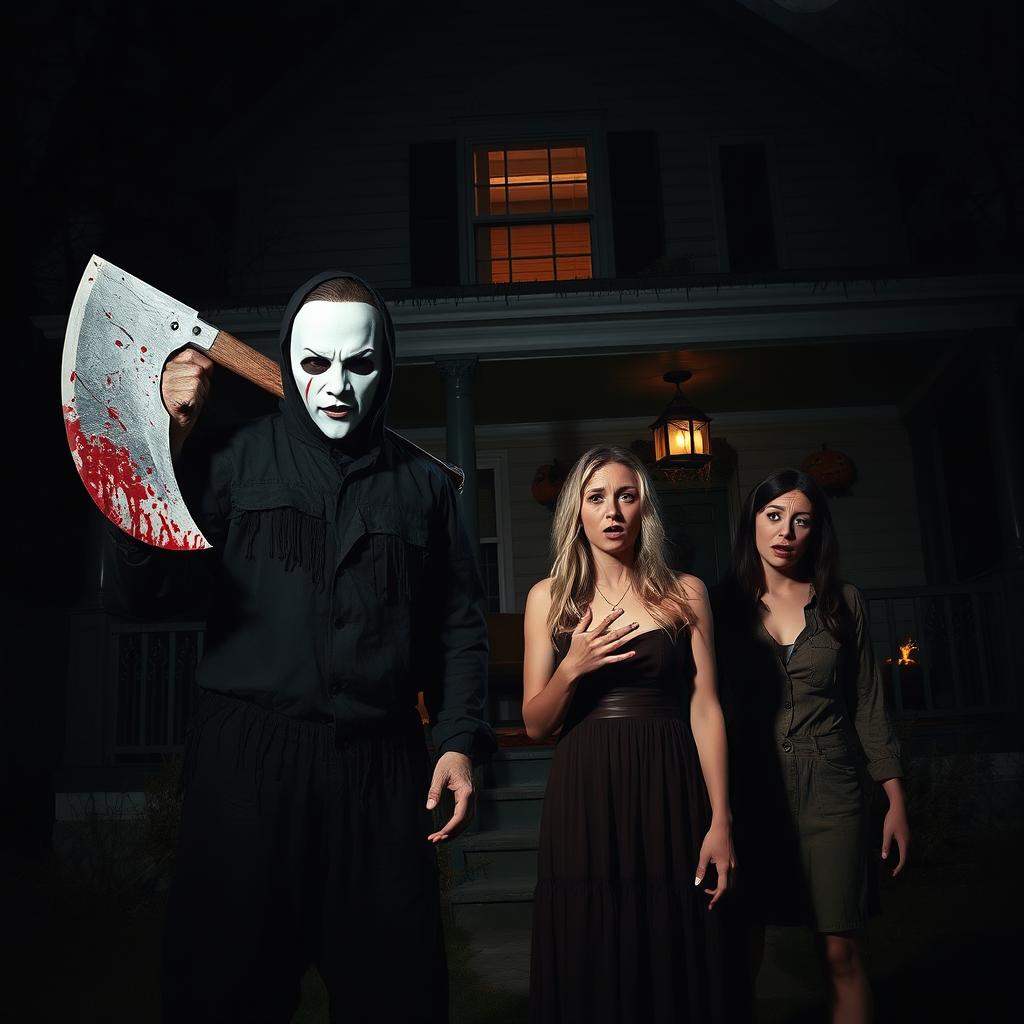 A haunting scene featuring a man in a white mask, gripping a large, blood-stained axe, standing ominously in front of a dark, foreboding house