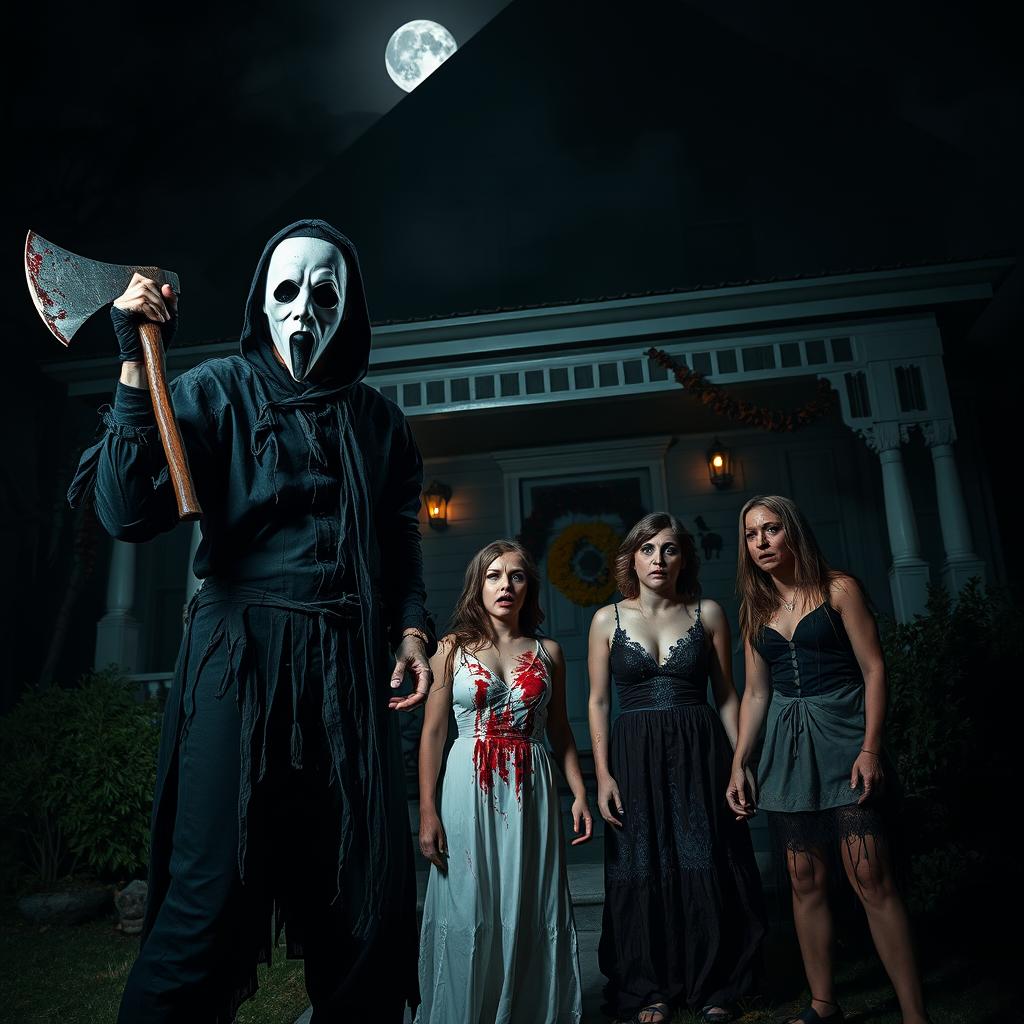 A haunting scene featuring a man in a white mask, gripping a large, blood-stained axe, standing ominously in front of a dark, foreboding house