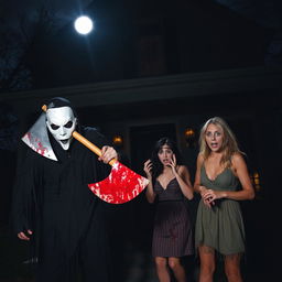 A haunting scene featuring a man in a white mask, gripping a large, blood-stained axe, standing ominously in front of a dark, foreboding house