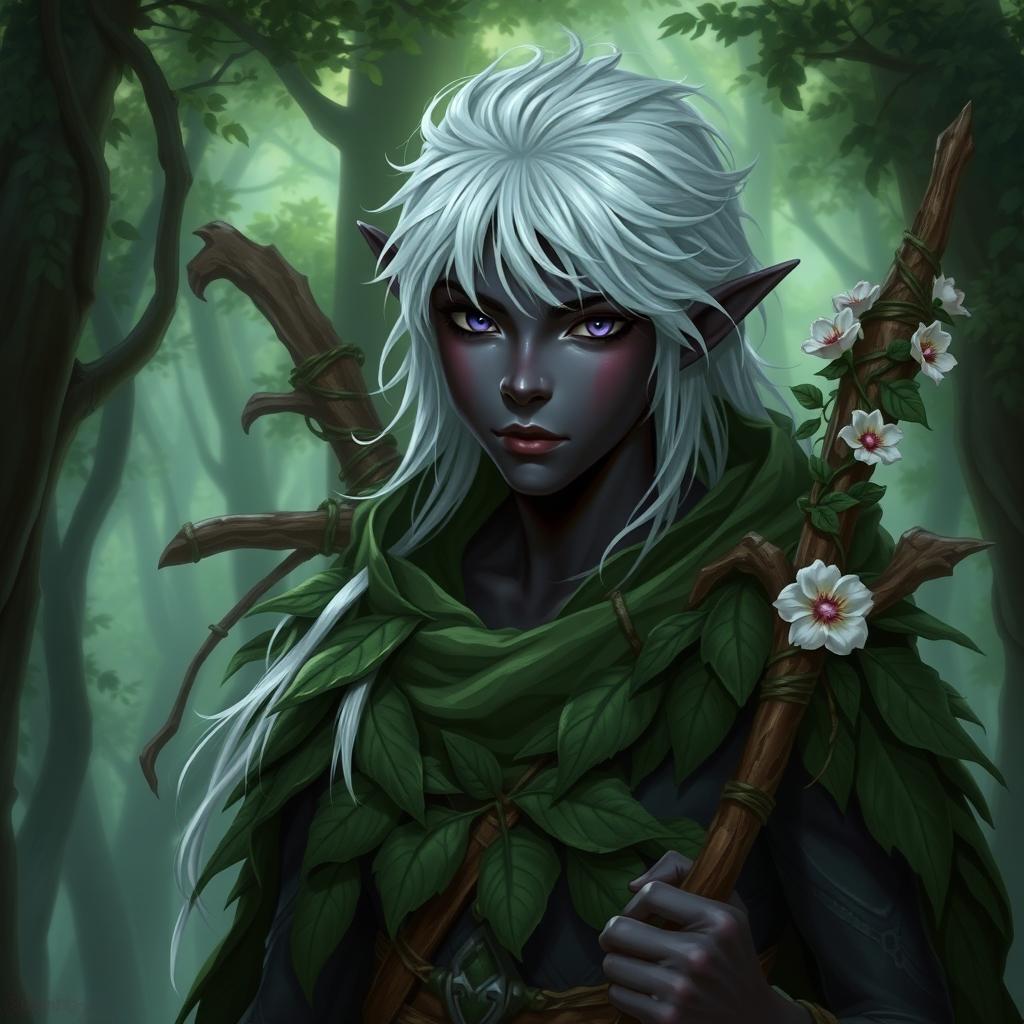 A young male drow druid with midnight black skin and white hair cascading down his shoulders