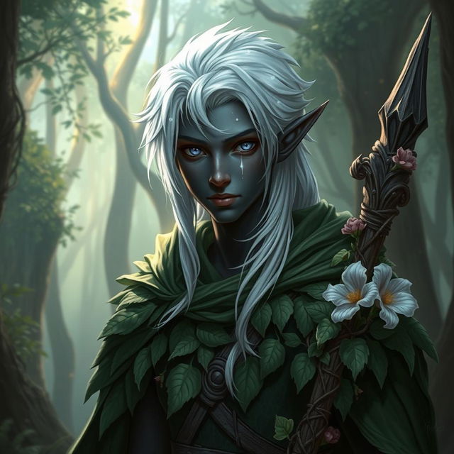 A young male drow druid with midnight black skin and white hair cascading down his shoulders