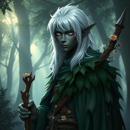 A young male drow druid with midnight black skin and white hair cascading down his shoulders