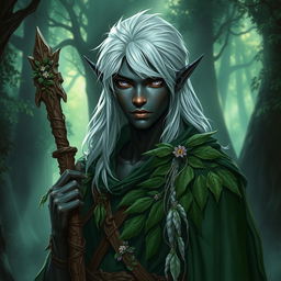 A young male drow druid with midnight black skin and white hair cascading down his shoulders