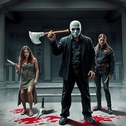 A tense and dramatic scene featuring a man with a cracked white mask, wielding a large axe, standing fearlessly in front of a spooky house