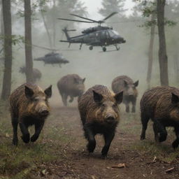 A group of wild boars running frantically across a dense forest, a helicopter with an AR-15 symbol hovering above them.