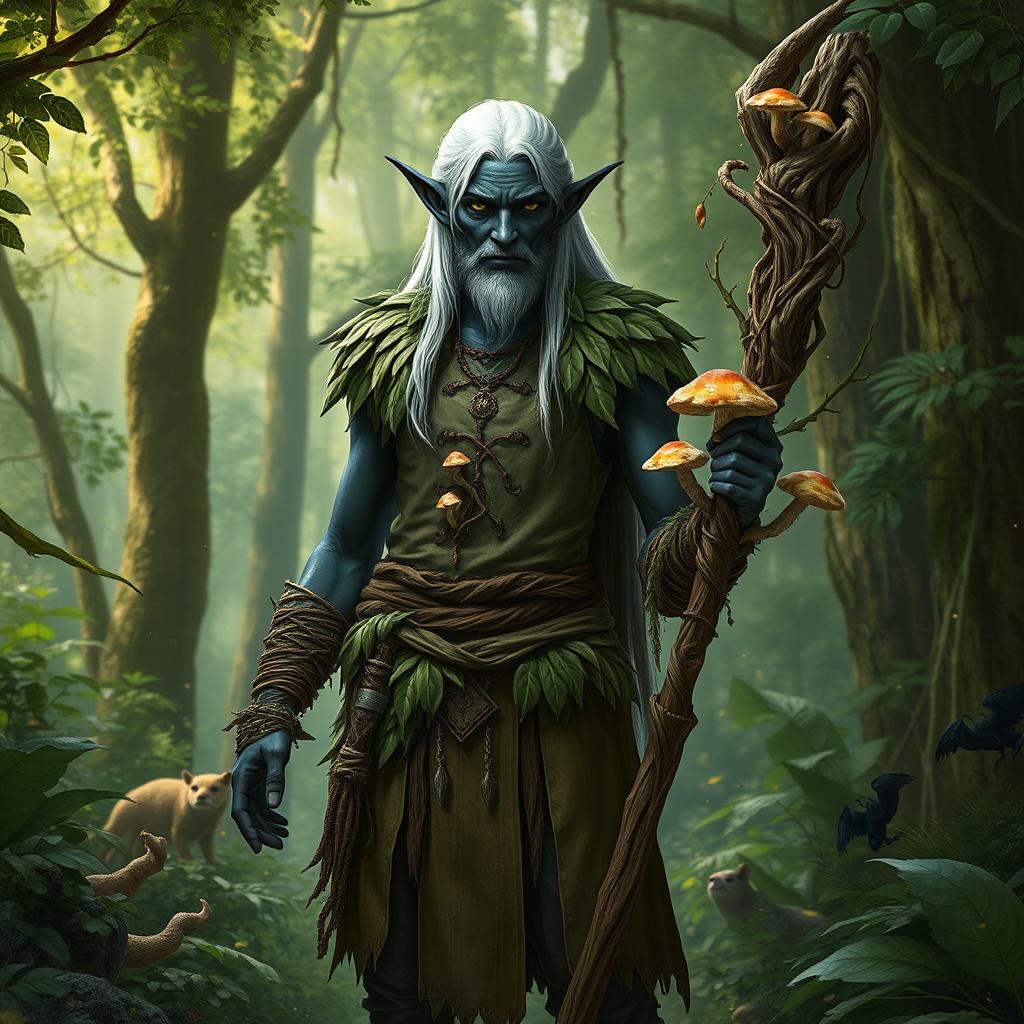 A male drow druid standing confidently in a lush forest