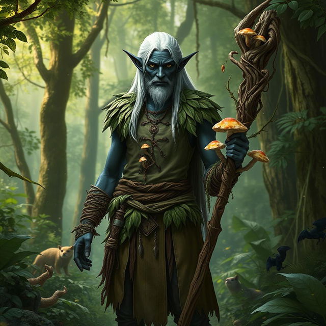 A male drow druid standing confidently in a lush forest