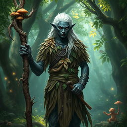 A male drow druid standing confidently in a lush forest