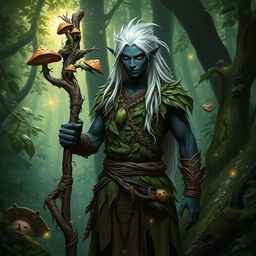 A male drow druid standing confidently in a lush forest