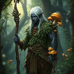 A male drow druid standing confidently in a lush forest