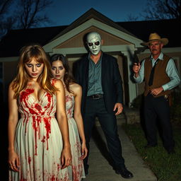 A tense scene with a man wearing a cracked mask standing ominously in front of a house