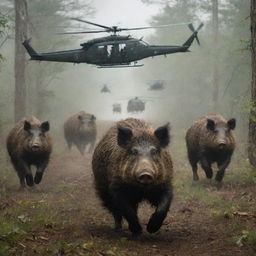 A group of wild boars running frantically across a dense forest, a helicopter with an AR-15 symbol hovering above them.