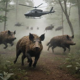 A group of wild boars running frantically across a dense forest, a helicopter with an AR-15 symbol hovering above them.