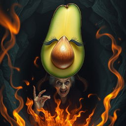 A hyper-realistic avocado cut in half, featuring long eyelashes and voluptuous lips, falling into a dark hole