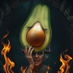 A hyper-realistic avocado cut in half, featuring long eyelashes and voluptuous lips, falling into a dark hole