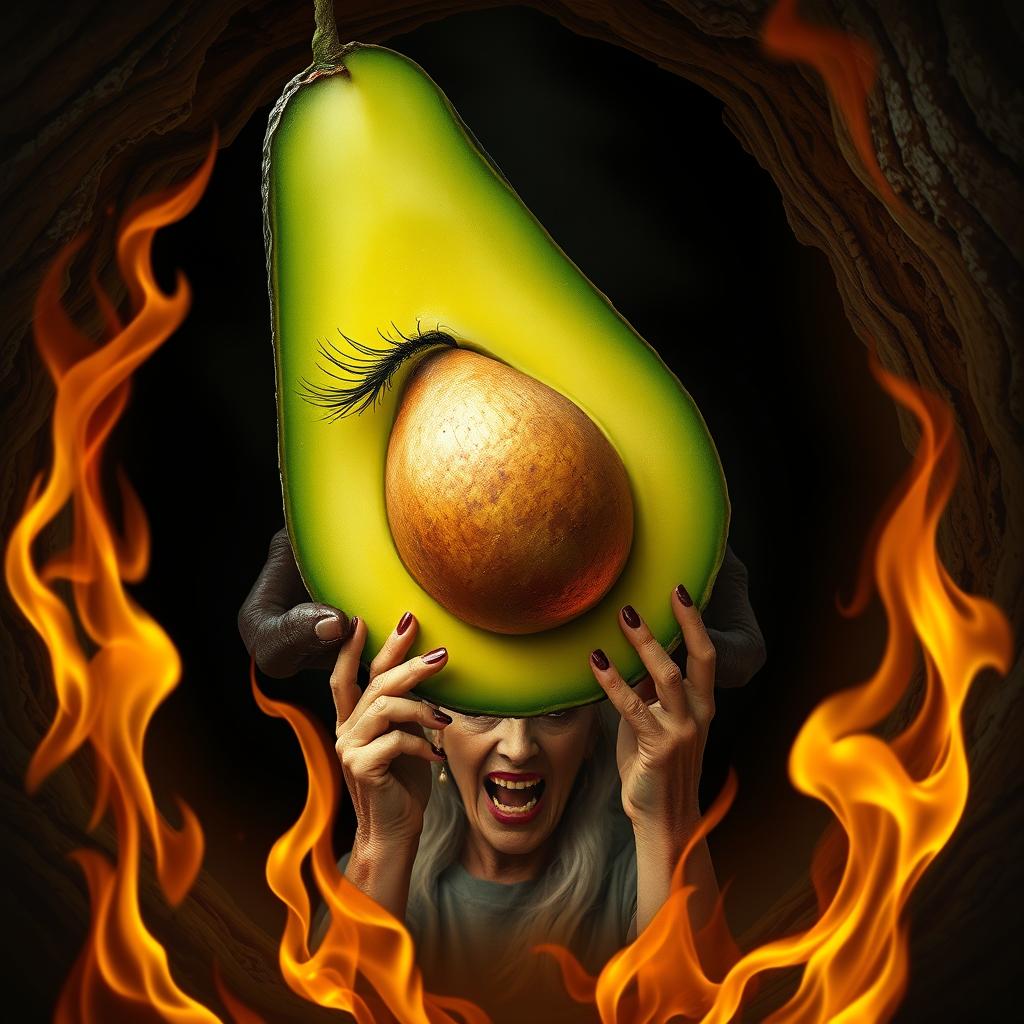 A hyper-realistic avocado cut in half, featuring long eyelashes and voluptuous lips, falling into a dark hole