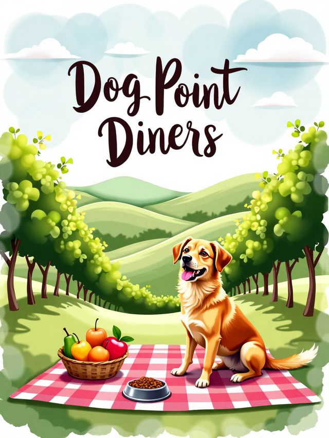 An abstract watercolor image featuring a playful dog enjoying a picnic in a vineyard