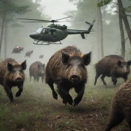 A group of wild boars running frantically across a dense forest, a helicopter with an AR-15 symbol hovering above them.